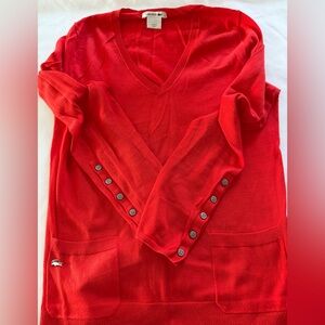 Preowned Lacoste Women's V-Neck Orange Button-Sleeve Pockets Logo Sweater Sz M
